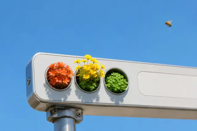 Long white browser toolbar shaped street fixture mounted on a metal pole in a surreal outdoor scene