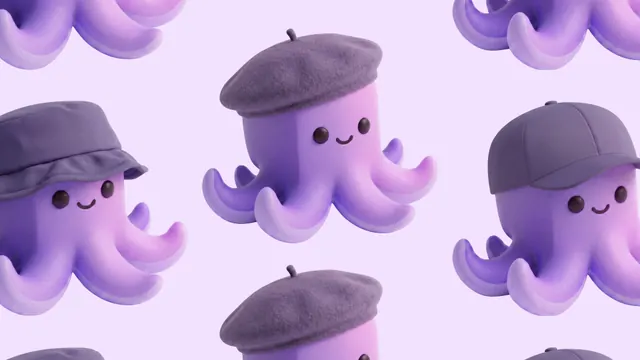A repeating lavender octopus mascot pattern with berets, bucket hats and baseball caps.