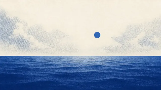 Deep blue ocean beneath pale textured clouds and a single small blue dot in an ivory sky