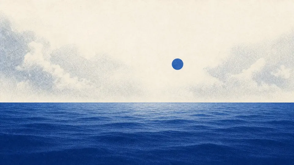 Deep blue ocean beneath pale textured clouds and a single small blue dot in an ivory sky