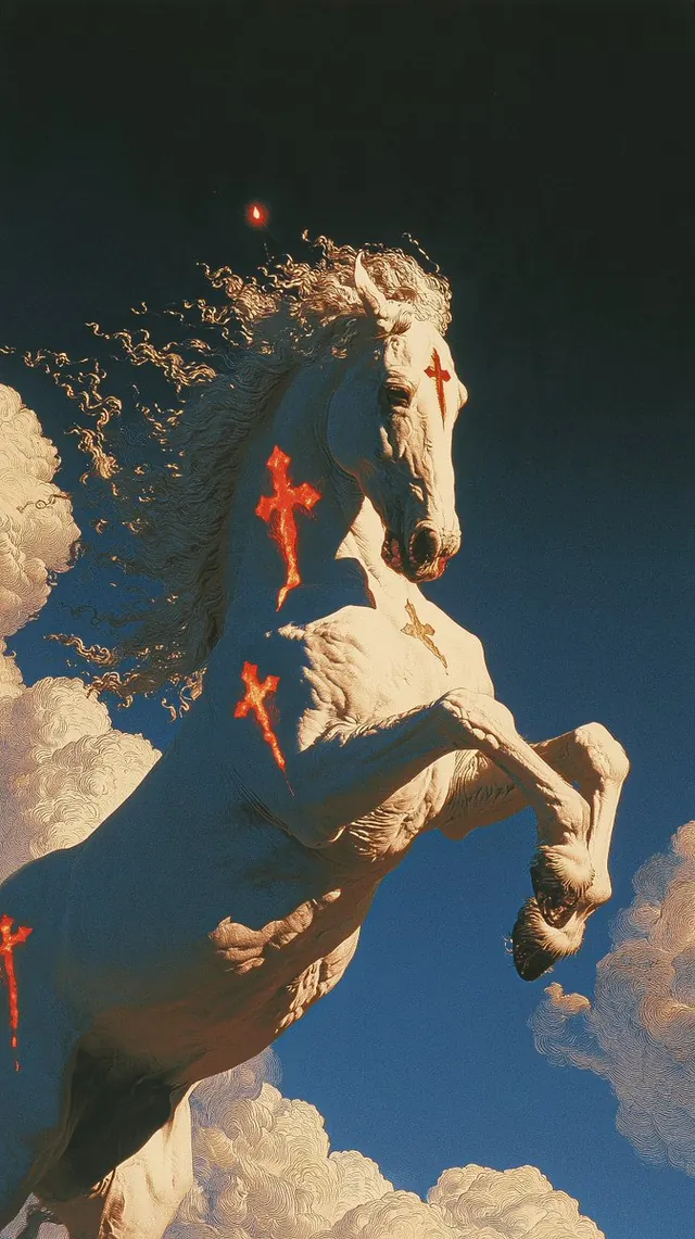 Rearing ivory horse with red crosses. Visual study of rearing horse, mythological animal, red cross markings