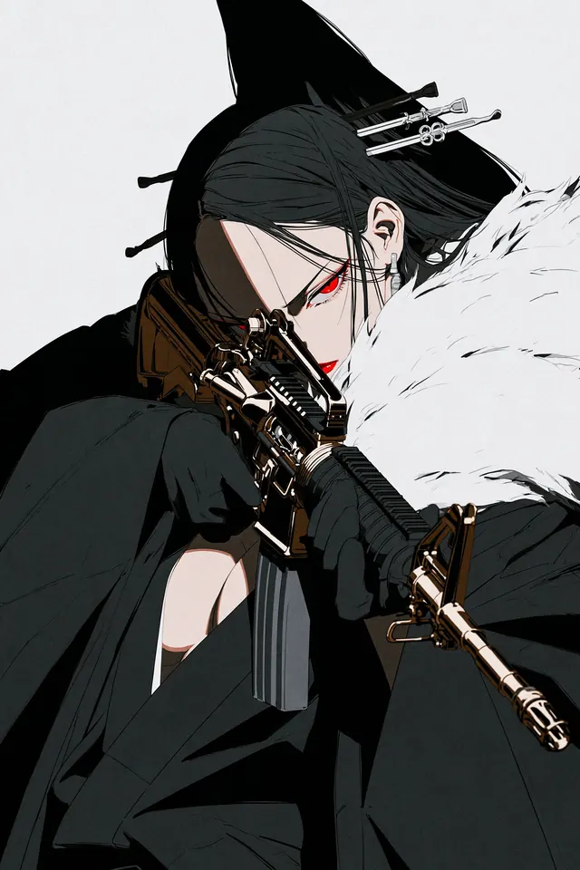 downward aiming pose, red eye, black hairpins, white fur and diagonal rifle.
