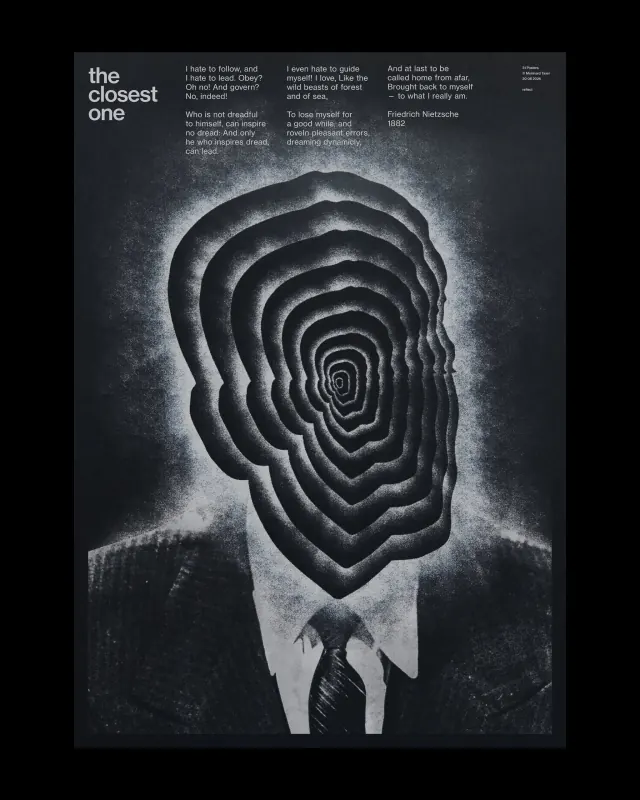 Monochrome editorial portrait with layered paper forms inside a broad black poster margin