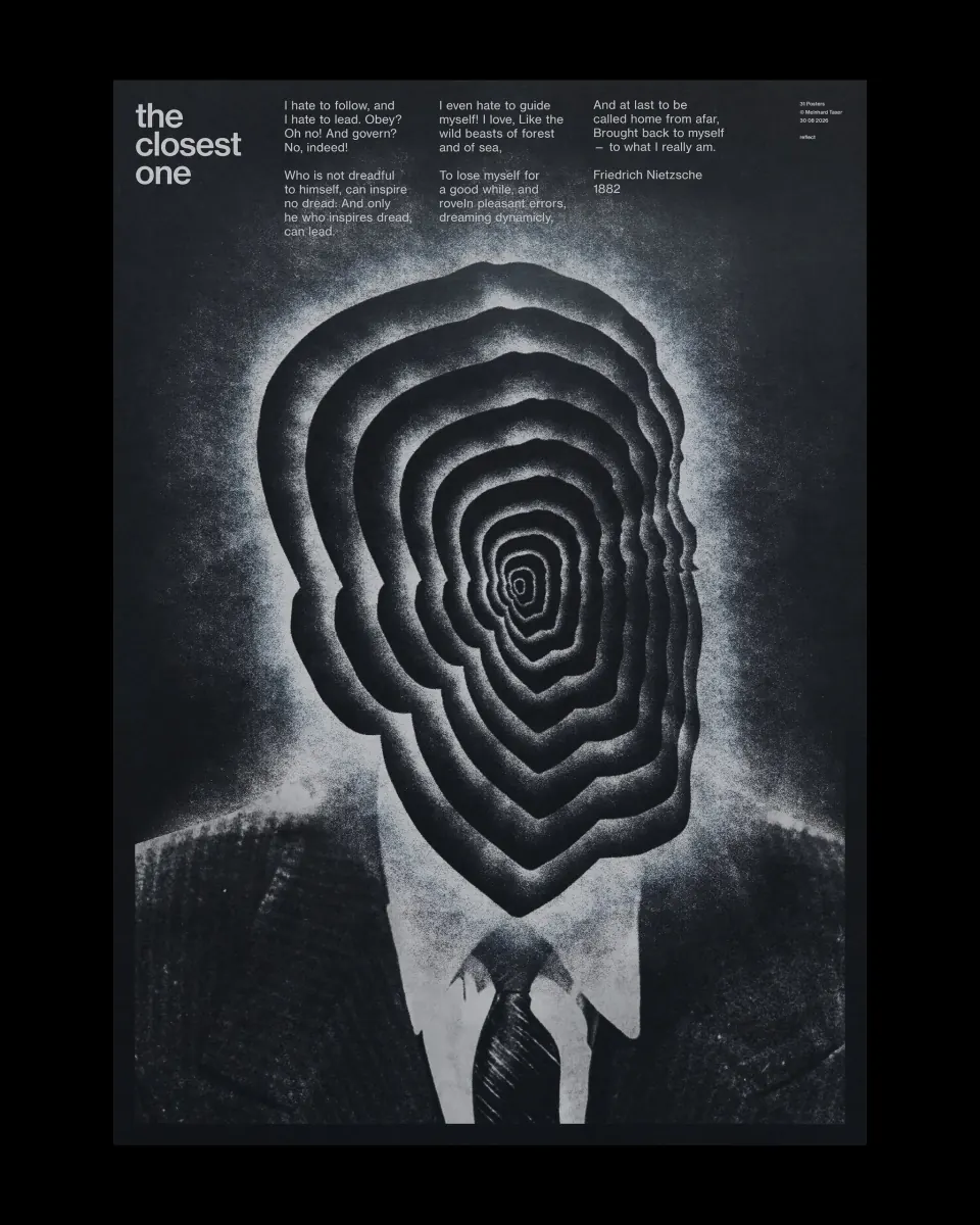 Monochrome editorial portrait with layered paper forms inside a broad black poster margin
