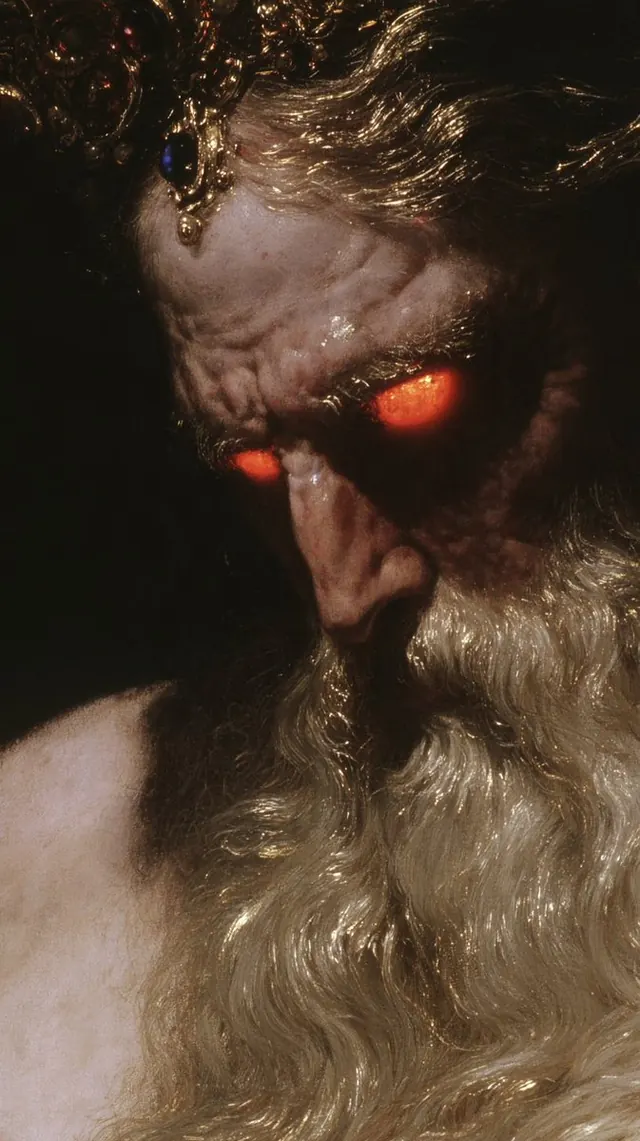 Silver beard and ember eyes. Visual study of aged king portrait, silver beard, glowing eyes