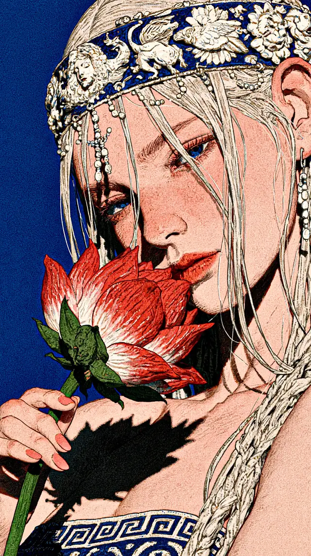 Close engraved portrait of a silver haired woman with a cobalt relief crown, pearl chains and red lotus casting a sharp shadow across her chest