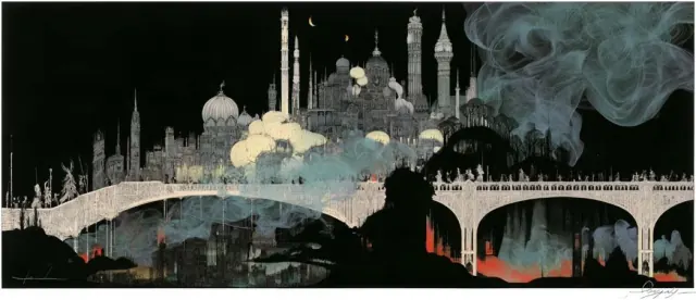 Fine antique print of an impossible palace city with delicate sky bridges and drifting smoke