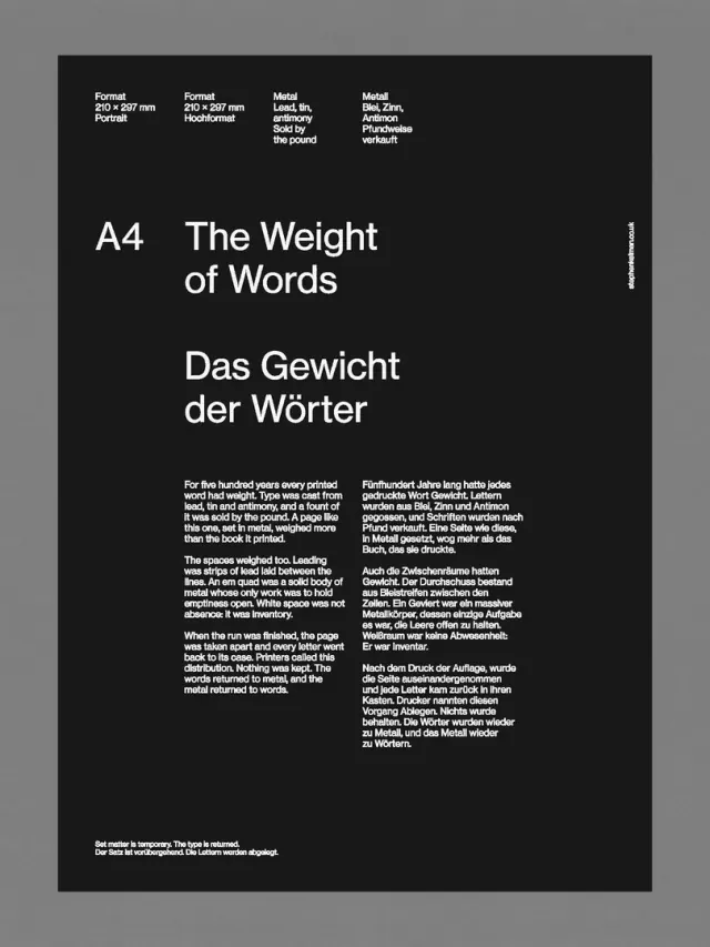 Black editorial typography poster with The Weight of Words and small white text arranged on a precise grid