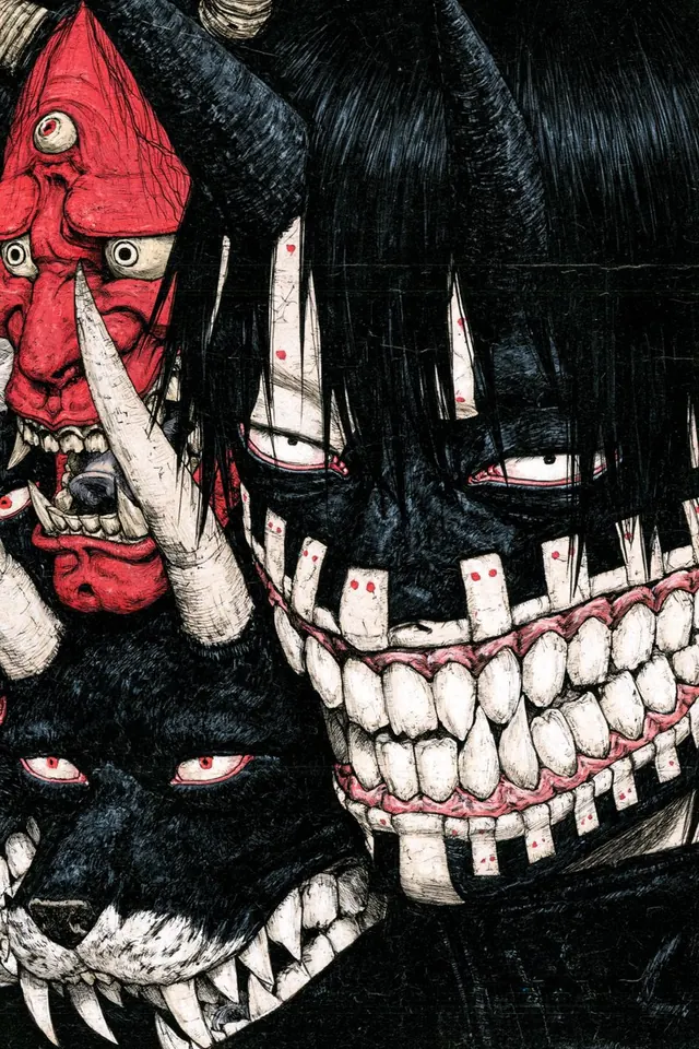 Three Demons in Ink. Visual study of dark manga, oni illustration, crosshatched horror art