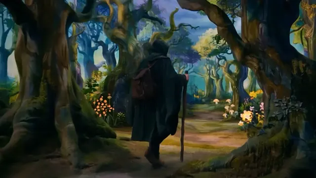 A cloaked traveler with a wooden staff and brown pack walks between giant trees, luminous flowers and oversized mushrooms.