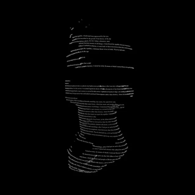 Monochrome human head and neck formed from closely arranged lettering against black