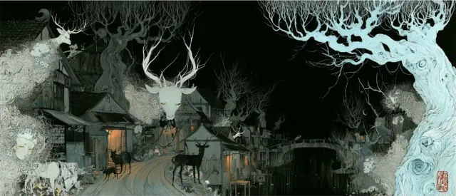 Crooked wooden village with delicate ink details and deer spirits beneath a dark night sky