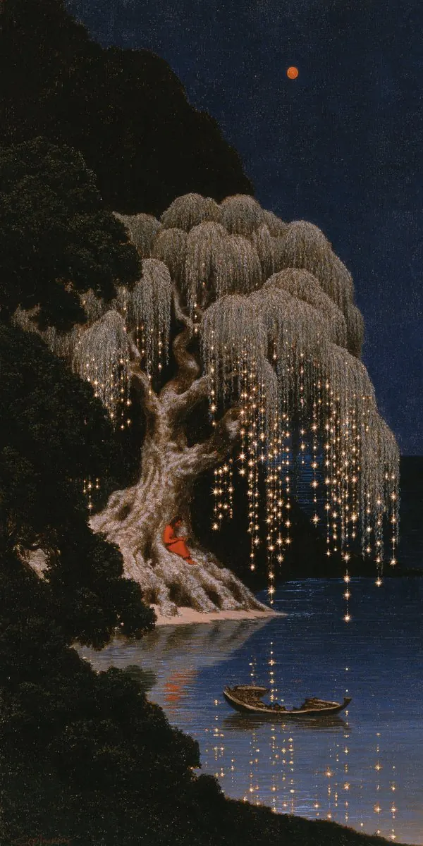 Weeping tree with hanging lights above a boat. Visual study of glowing willow, night lake, surreal boat