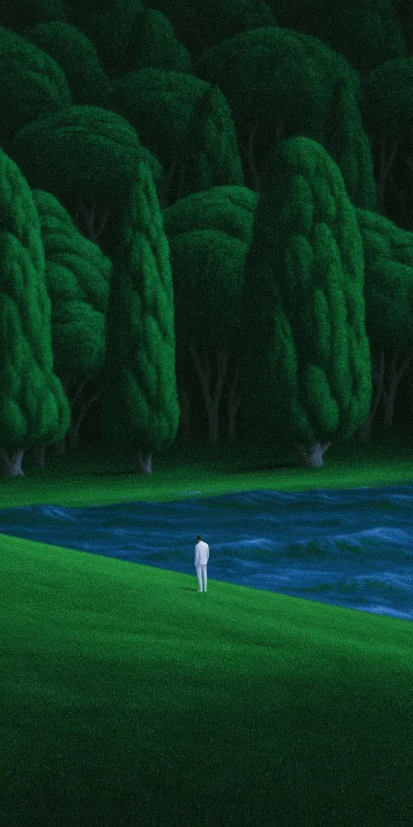 White figure beside an emerald forest lake. Visual study of emerald forest, solitary figure, surreal green landscape