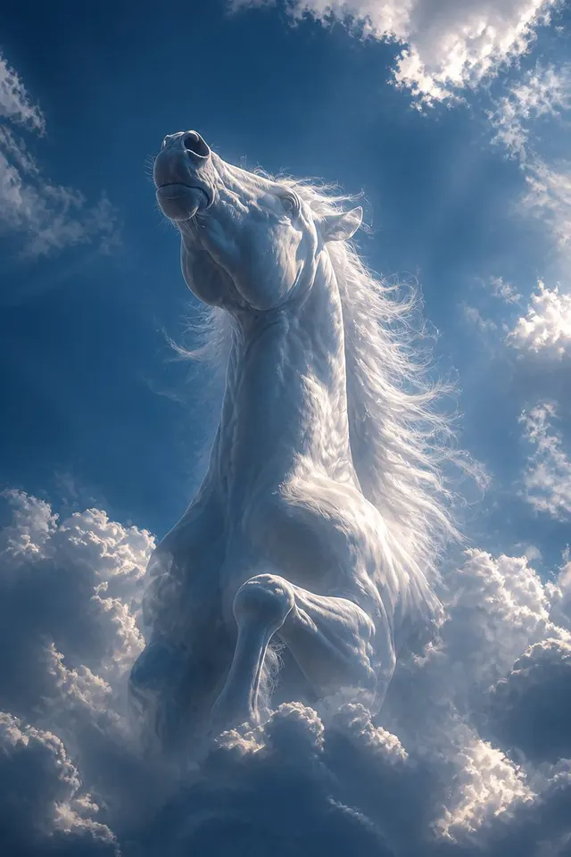 White Horse Rising Through Clouds. Visual study of white horse, cloud fantasy, low angle