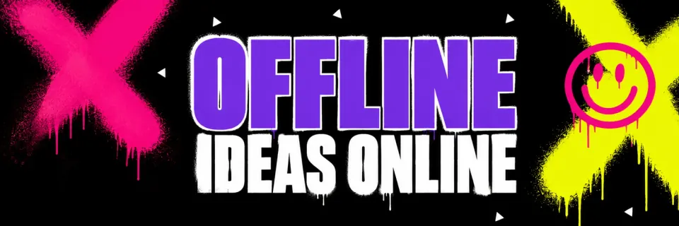 Wide black X profile banner with Offline ideas online lettering and vivid graffiti accents
