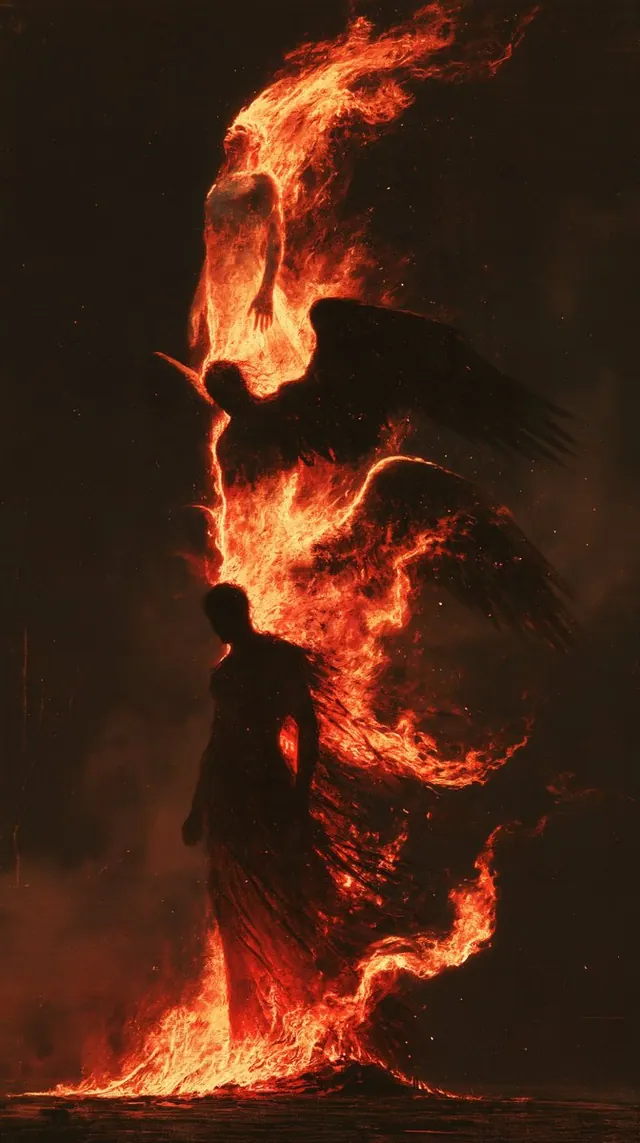 A figure beneath a towering flame creature. Visual study of fire silhouette, dark fantasy, towering flame