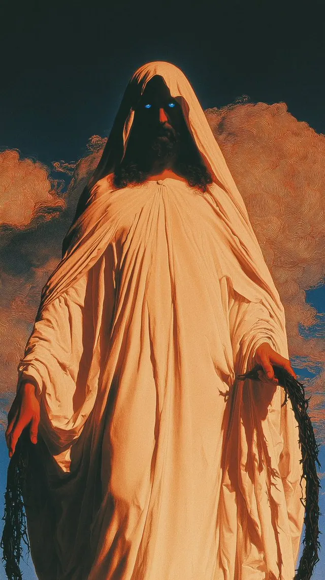 A monumental white robed figure. Visual study of white drapery, low angle figure, dark hood