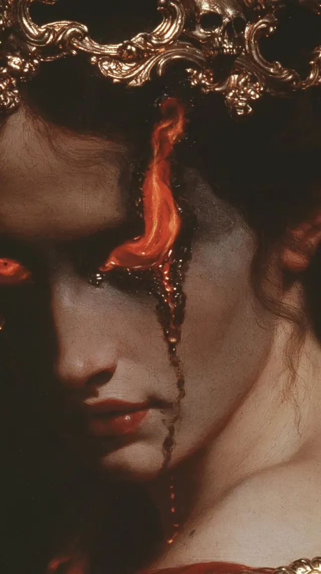 A single ember tear beneath a filigree crown. Visual study of gothic portrait, burning tear, gold filigree
