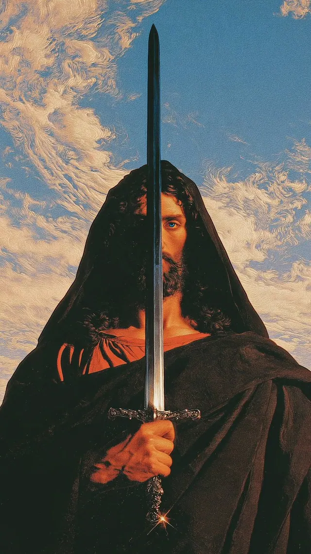 A sword dividing a hooded portrait. Visual study of sword portrait, black hood, blue sky