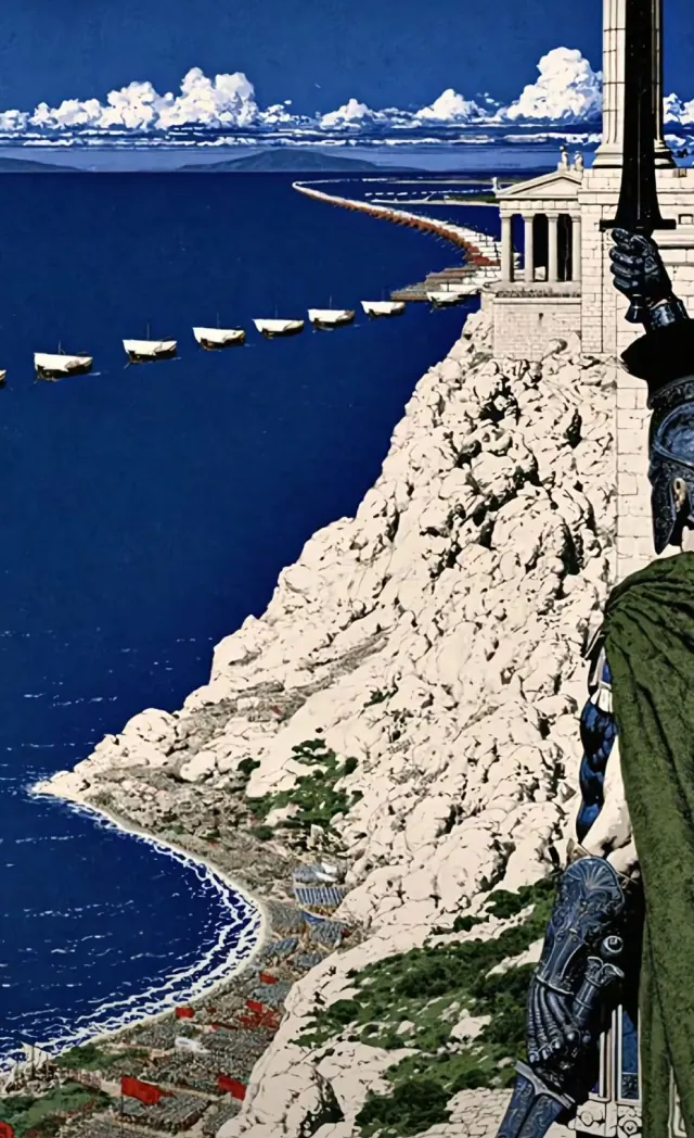 View from a Greek temple toward a brilliant blue sea bordered by pale limestone cliffs