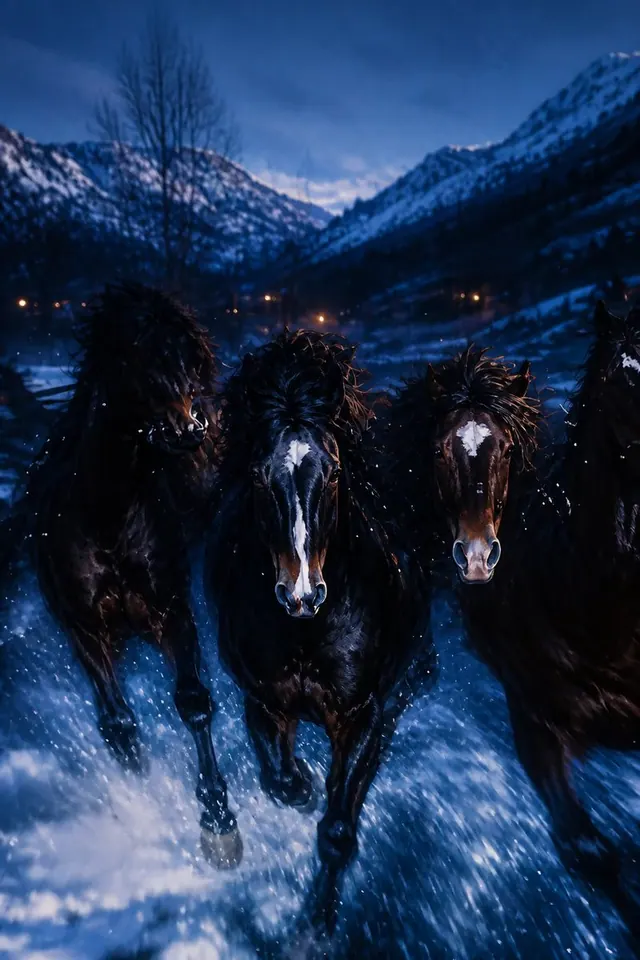 Alpine Horses at Blue Hour. Visual study of winter horse photography, blue hour