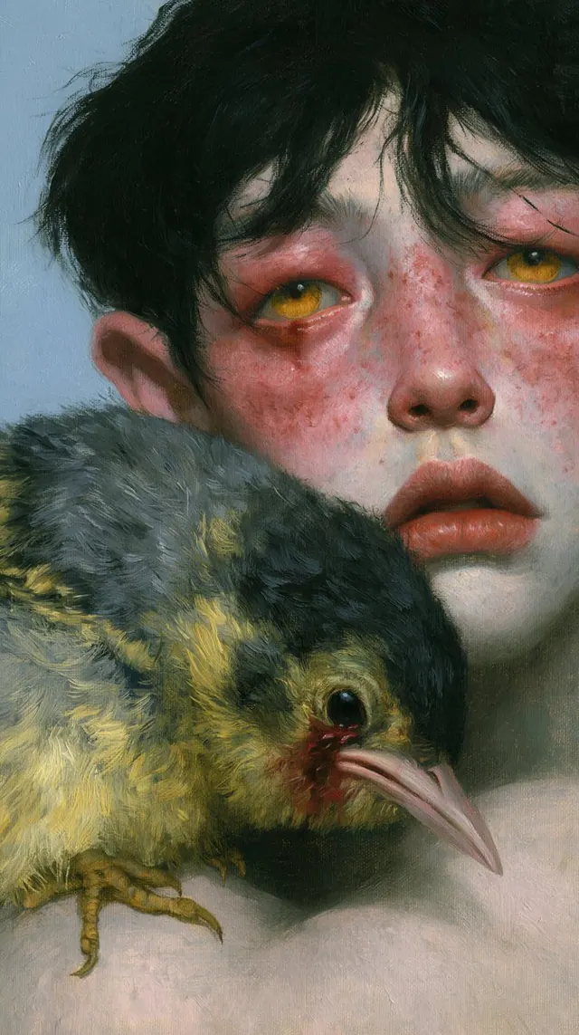 Painted amber eyed portrait with flushed cheeks and a yellow grey fledgling