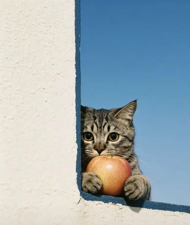 Small tabby kitten holding a red and gold apple in the corner of a white stucco window