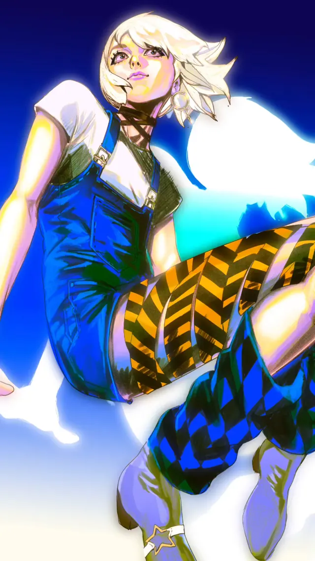 Neon anime fashion illustration of a woman in a compact suspended pose viewed from below