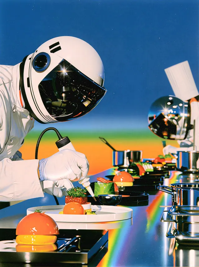 An astronaut pipes a garnish onto a white plate along a rainbow reflective kitchen counter.