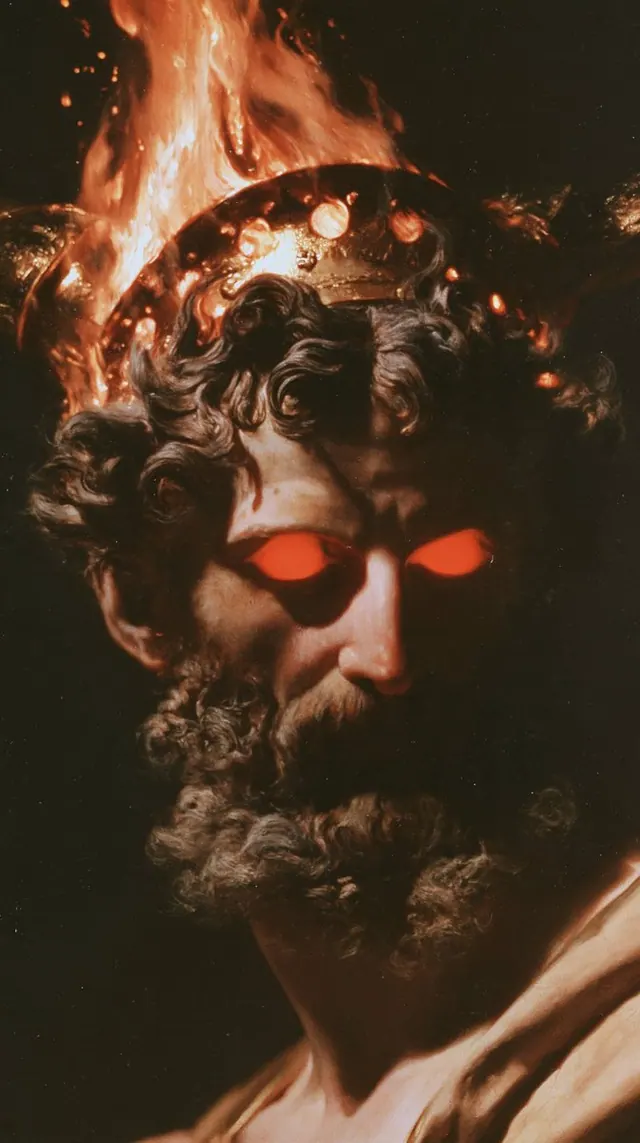 Bearded king beneath a flaming crown. Visual study of flaming crown, bearded portrait, dark mythology