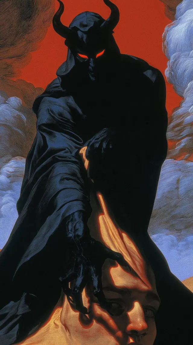 Black armored horned figure against red sky. Visual study of horned armor, red sky, fantasy figure