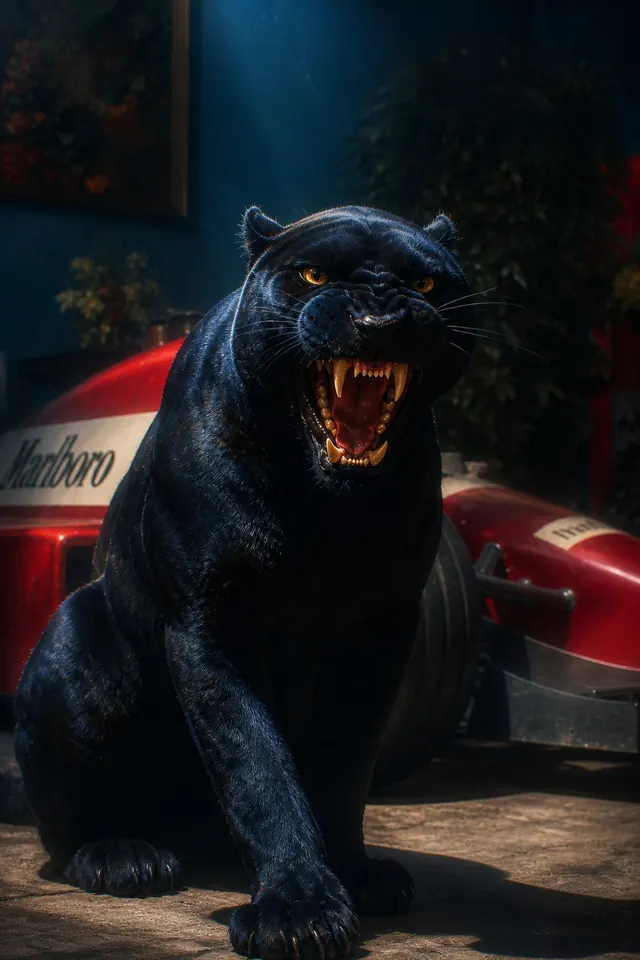 full seated panther, dark headroom, fangs, cool fur and partially hidden red car.