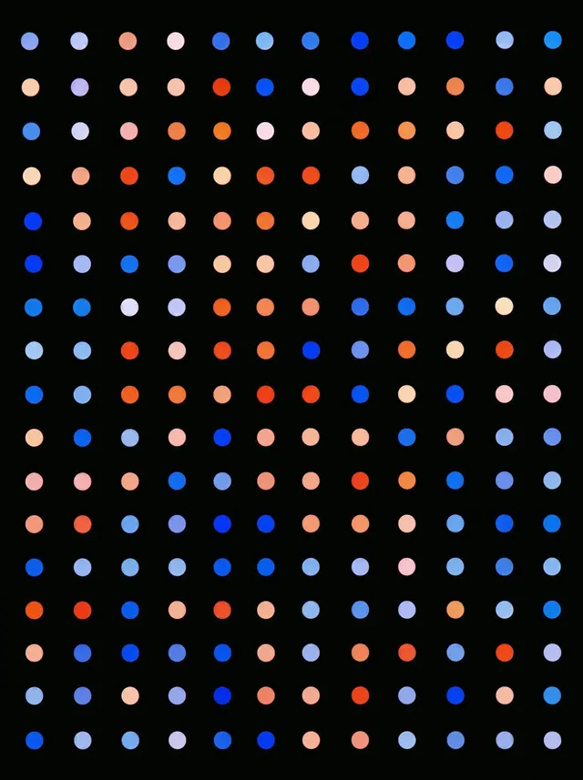 Blue and Coral Circle Grid. Visual study of dot pattern, geometric poster, color grid