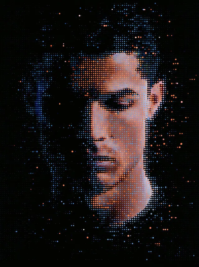 Blue and Coral Dot Portrait. Visual study of halftone portrait, dot matrix, split lighting