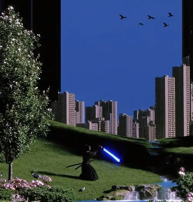 Small black robed swordsman with a glowing blue blade on a vivid green slope in a surreal garden