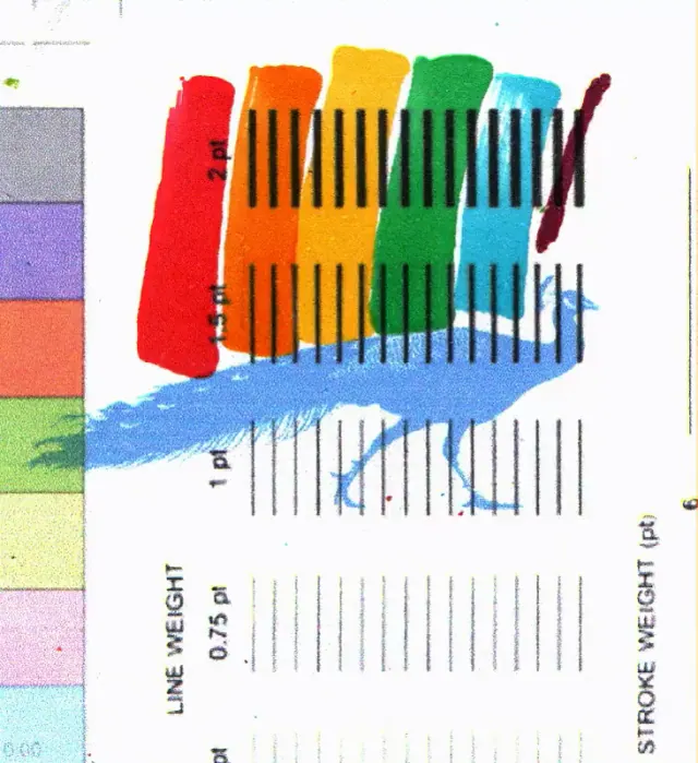 A blue peacock walks through a twelve frame paper collage loop with changing handwritten marks and print tests