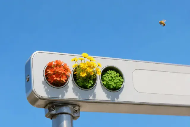 Long white browser toolbar shaped street fixture mounted on a metal pole in a surreal outdoor scene