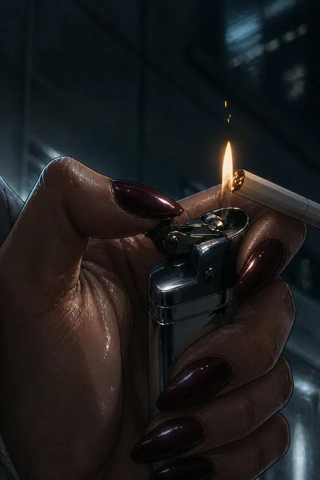 Burgundy Nails and a Silver Lighter. Visual study of cinematic macro, silver lighter, dark editorial