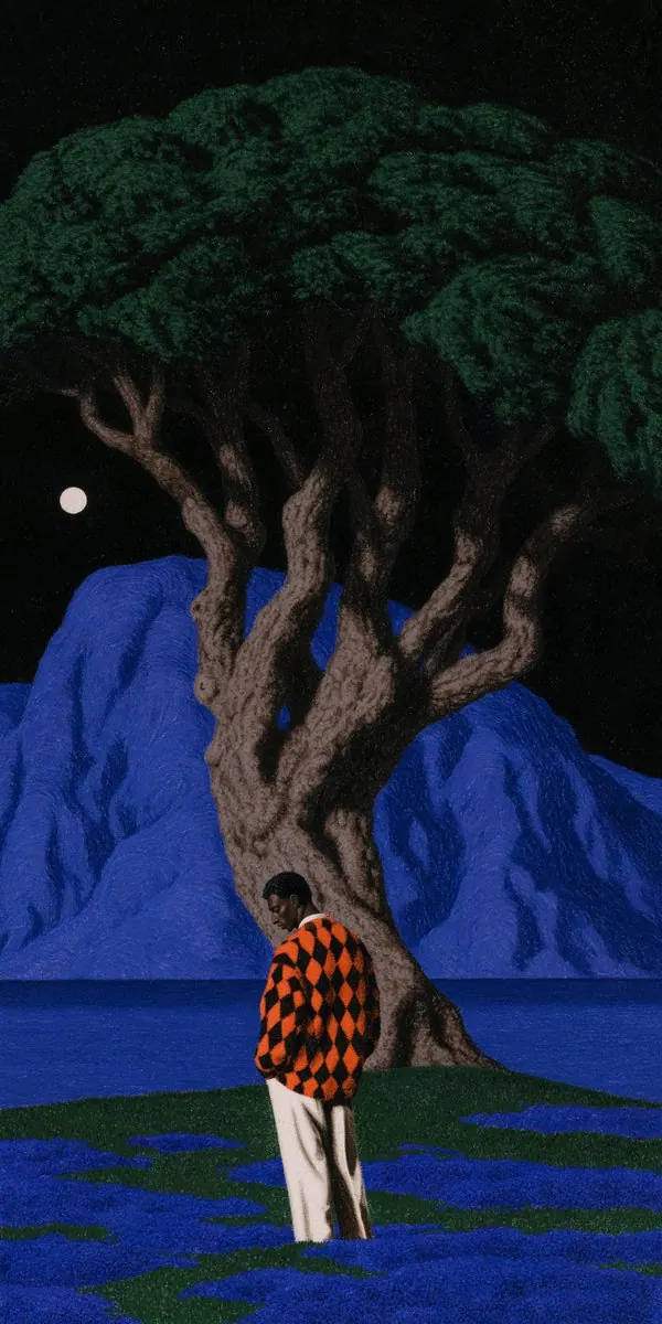 Checked jacket beneath an ancient tree. Visual study of giant tree, surreal blue landscape, checked jacket