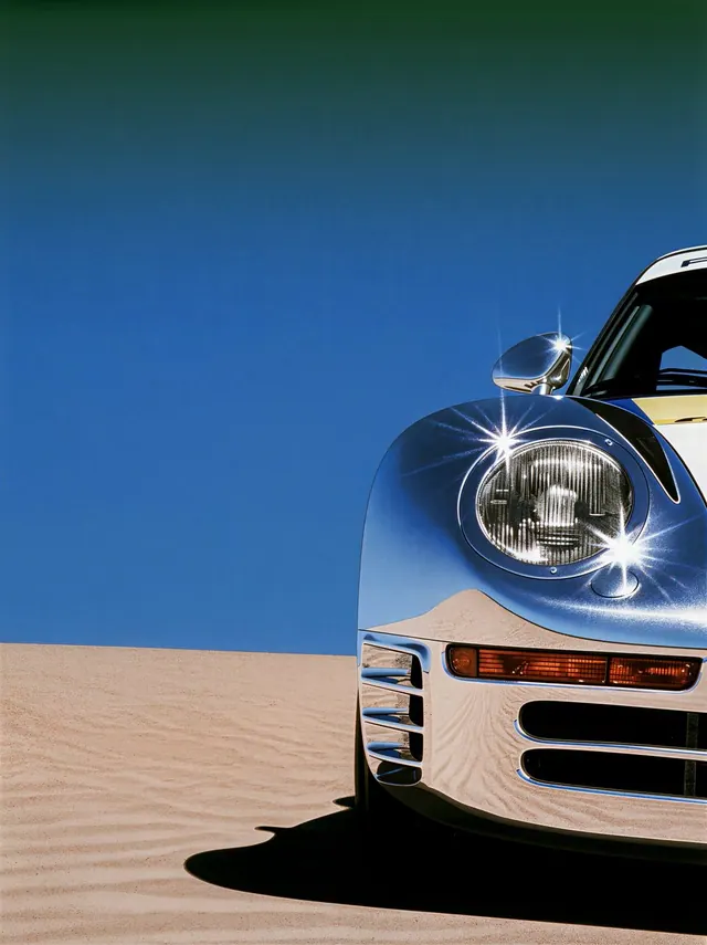 Chrome Headlight in the Desert. Visual study of automotive detail, chrome photography, negative space