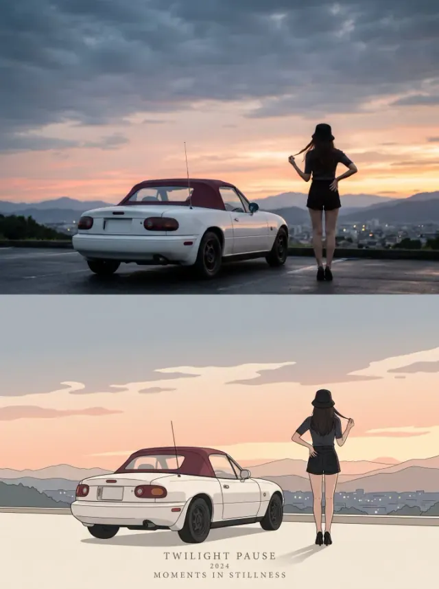 Two panel composition of a vintage white sports car beside a coastal road at sunset