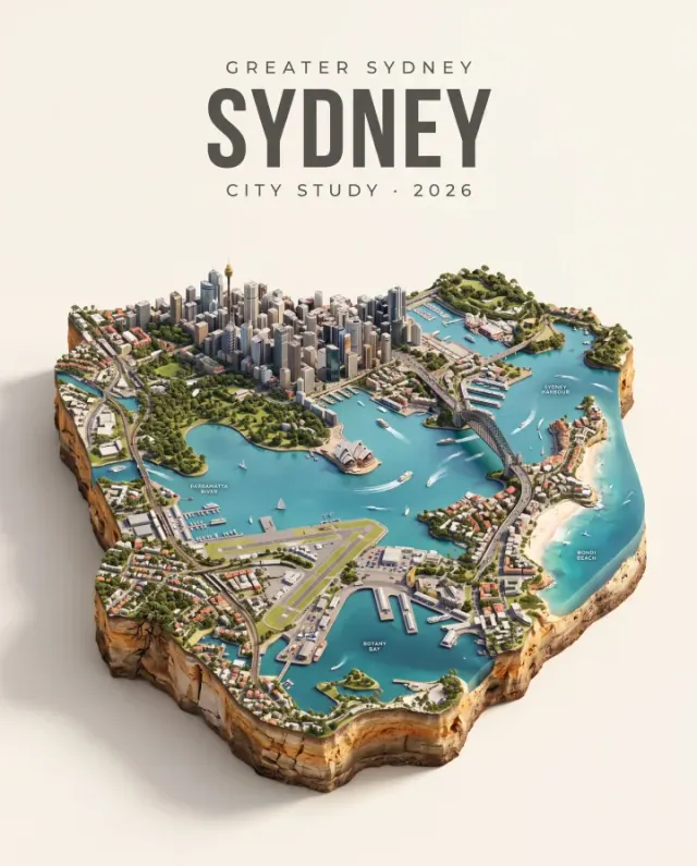Miniature Sydney island with the Opera House, Harbour Bridge and blue water on warm ivory paper