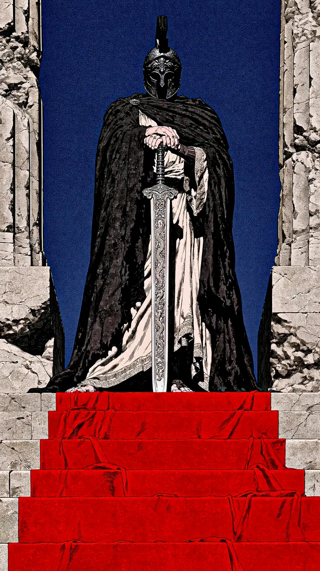 Centered engraved warrior with a silver sword, black cloak and ivory robe above red steps against cobalt sky