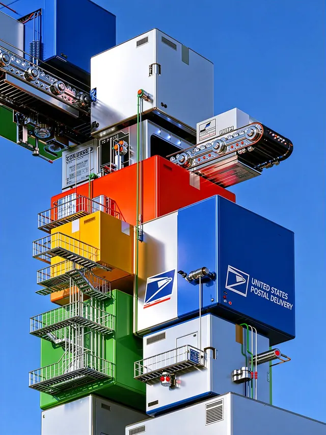 A colorful vertical postal machinery tower with conveyor belts, stairs and silver cabinets against blue sky.