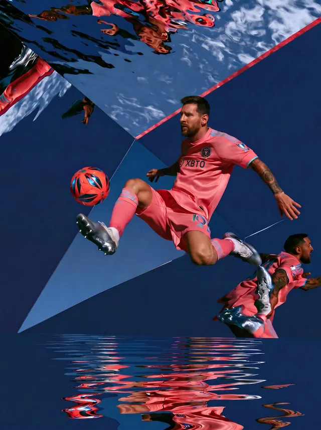 Coral Football Mirror Room. Visual study of sports poster, mirror room, football collage