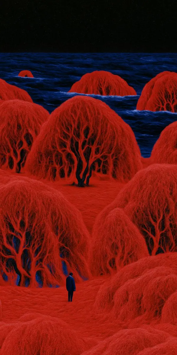 Dense red willow trees around cobalt water with a tiny blue clothed figure