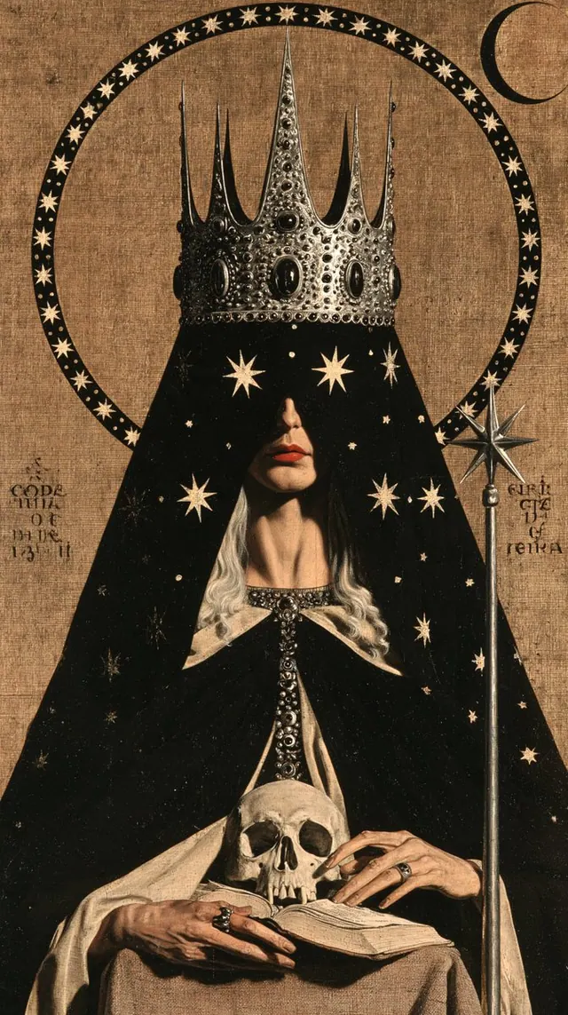 Star veiled crowned oracle with a skull, an open book and a tall staff