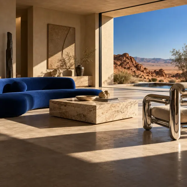 A cobalt sofa, travertine table and chrome chair in a sunlit desert living room with an open mountain view