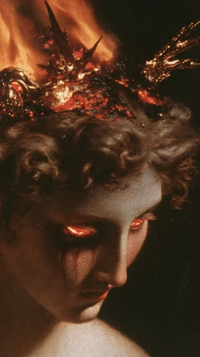 Ember crown on a bowed marble face. Visual study of dark fantasy portrait, ember crown, chiaroscuro